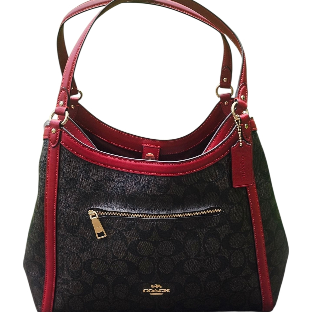 Coach Brown Signature Coated Canvas & Red Leather Trim Kristy Shoulder Bag - Picture 13 of 14